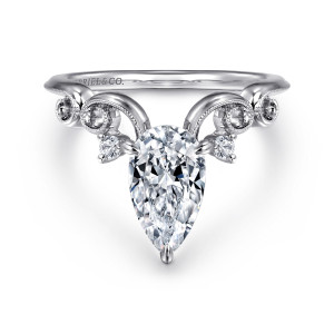 Gabriel & Co. ER16243P6W44JJ 14 karat white gold Floral Nouveau engagement ring, front view of a pear shaped center with a small round stone at each side between open scrolls