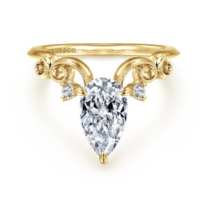 Gabriel & Co. ER16243P6Y44JJ 14 karat yellow gold Floral Nouveau engagement ring, front view of a pear shaped center between scrolled arms and a small round stone on each side