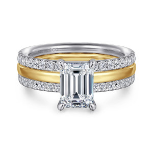 Gabriel & Co. ER16245E6M44JJ 14 karat white and yellow gold Contemporary engagement ring, front view of an emerald cut center in four claw prongs above rows of small diamonds