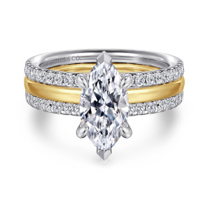 Gabriel & Co. ER16245M6M44JJ 14 karat white and yellow gold Contemporary engagement ring, front view of a marquise center with pointed tip prongs above two diamond rows and a polished strip