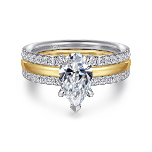 Gabriel & Co. ER16245P6M44JJ 14 karat white and yellow gold Contemporary engagement ring, front view of a pear shaped center with a pointed tip prong above diamond rows and a center stripe