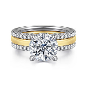 Gabriel & Co. ER16245R10M44JJ 14 karat white and yellow gold Contemporary engagement ring, front view of a round center in four tapered prongs on a wide band edged with small diamonds