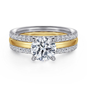 Gabriel & Co. ER16245R6M44JJ 14 karat white and yellow gold Contemporary engagement ring, front view of a round center in four prongs above a wide band edged with diamond rows