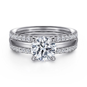 Gabriel & Co. ER16245R6W44JJ 14 karat white gold Contemporary engagement ring, front view of a round center in four tapered prongs above a smooth strip between diamond rows