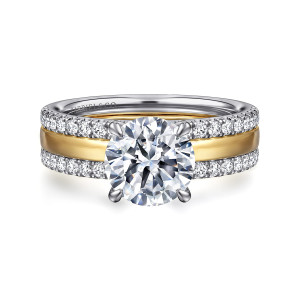 Gabriel & Co. ER16245R8M44JJ 14 karat white and yellow gold Contemporary engagement ring, front view of a round center on four pointed prongs above a polished strip and two diamond rows
