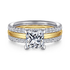Gabriel & Co. ER16245S6M44JJ 14 karat white and yellow gold Contemporary engagement ring, front view of a princess cut center gripped at its corners above two rows of small diamonds