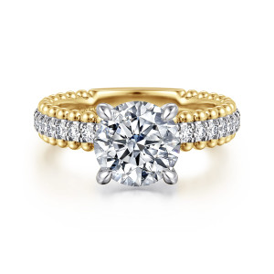 Gabriel & Co. ER16248R8M44JJ 14 karat white and yellow gold Bujukan engagement ring, front view of a round center above a diamond row edged with beaded metal