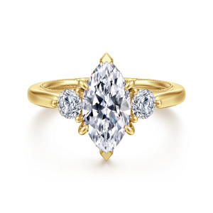 Gabriel & Co. ER16252M6Y44JJ 14 karat yellow gold Classic engagement ring, front view of a marquise center with pointed tip prongs between two round side stones