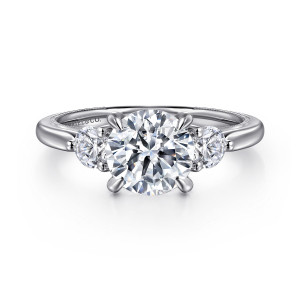 Gabriel & Co. ER16252R6W44JJ 14 karat white gold Classic engagement ring, front view of a round center between two round side stones held by slender prongs