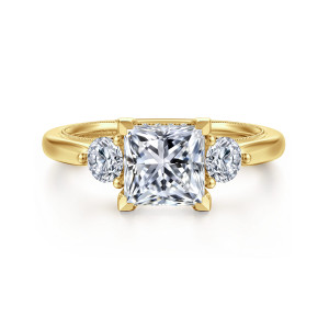 Gabriel & Co. ER16252S6Y44JJ 14 karat yellow gold Classic engagement ring, front view of a princess cut center between two round side stones with beaded details