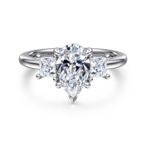 Gabriel & Co. ER16253P6W44JJ 14 karat white gold Classic engagement ring, front view of a pear shaped center with a pointed tip prong between side stones