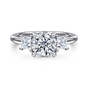 Gabriel & Co. ER16253R6W44JJ 14 karat white gold Classic engagement ring, front view of a round center between two straight sided side stones