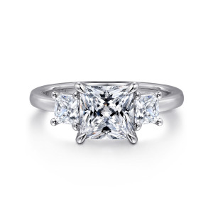Gabriel & Co. ER16253S6W44JJ 14 karat white gold Classic engagement ring, front view of a princess cut center with four corner prongs between two straight sided stones