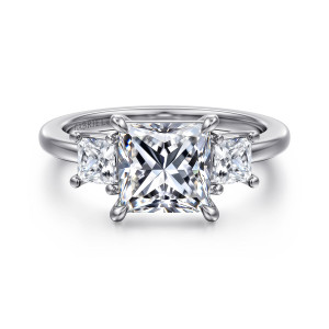 Gabriel & Co. ER16253S8W44JJ 14 karat white gold Classic engagement ring, front view of a square center with pointed corner claws and a tapered diamond on each side