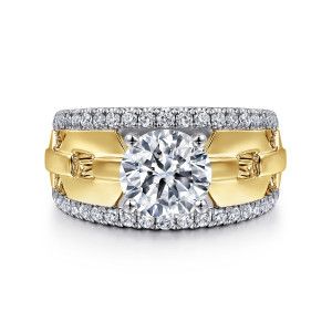 Gabriel & Co. ER16256R6M44JJ 14 karat white and yellow gold Contemporary engagement ring, front view of a round center on four claw prongs between two rails of small round diamonds