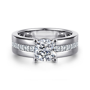 Gabriel & Co. ER16260C6W44JJ 14 karat white gold Contemporary engagement ring, front view of a cushion cut center above a wide band with a channel of square diamonds