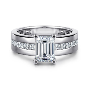 Gabriel & Co. ER16260E6W44JJ 14 karat white gold Contemporary engagement ring, front view of an emerald cut center on four ball tipped prongs above a wide polished band