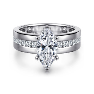 Gabriel & Co. ER16260M6W44JJ 14 karat white gold Contemporary engagement ring, front view of a marquise center with V prongs at both points, set into a square diamond channel