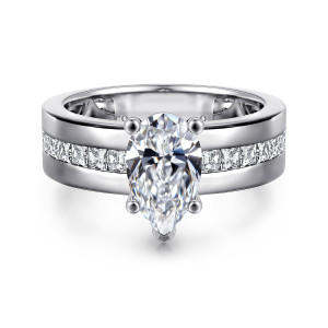 Gabriel & Co. ER16260P6W44JJ 14 karat white gold Contemporary engagement ring, front view of a pear shaped center with a pointed tip prong over a channel of square diamonds