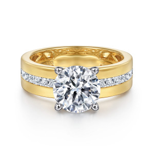 Gabriel & Co. ER16260R8M44JJ 14 karat white and yellow gold Contemporary engagement ring, front view of a round center on four ball tipped prongs above a channel of square diamonds