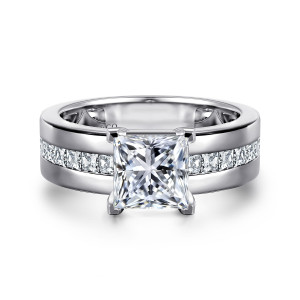 Gabriel & Co. ER16260S6W44JJ 14 karat white gold Contemporary engagement ring, front view of a princess cut center above a broad polished band with a central diamond channel