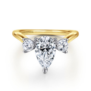 Gabriel & Co. ER16276P6M44JJ 14 karat white and yellow gold Starlight engagement ring, front view of a pear shaped center with its tip pointing down between two round side stones