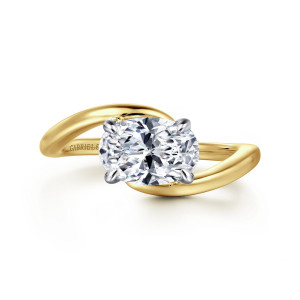 Gabriel & Co. ER16277O6M4JJJ 14 karat white and yellow gold Contemporary engagement ring, front view of a sideways oval center cradled between sweeping band ends