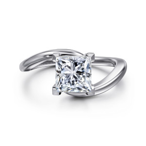 Gabriel & Co. ER16277S6W4JJJ 14 karat white gold Contemporary engagement ring, front view of a princess center with squared corner prongs and a band that crosses behind it