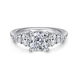 Gabriel & Co. ER16279C6W44JJ 14 karat white gold Contemporary engagement ring, front view of a cushion center flanked by an oval and a pear shaped diamond on each side