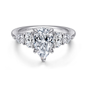 Gabriel & Co. ER16279P6W44JJ 14 karat white gold Contemporary engagement ring, front view of a pear shaped center with two elongated stones on each side