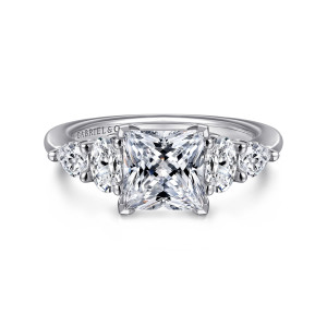Gabriel & Co. ER16279S6W44JJ 14 karat white gold Contemporary engagement ring, front view of a square center between two elongated diamonds on each side, with corner prongs