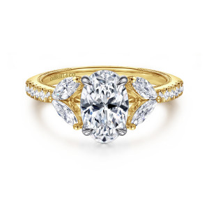 Gabriel & Co. ER16281O6M44JJ 14 karat white and yellow gold Contemporary engagement ring, front view of an upright oval center with elongated diamonds angling out at each side like leaves