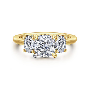 Gabriel & Co. ER16285C6Y44JJ 14 karat yellow gold Classic engagement ring, front view of a cushion center between two larger oval side stones