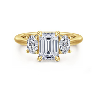 Gabriel & Co. ER16285E6Y44JJ 14 karat yellow gold Classic engagement ring, front view of an emerald cut center between two upright oval side stones with ball tipped prongs