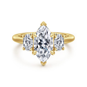 Gabriel & Co. ER16285M6Y44JJ 14 karat yellow gold Classic engagement ring, front view of a marquise center with pointed tip prongs and an oval side stone on each side