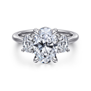 Gabriel & Co. ER16285O8W44JJ 14 karat white gold Classic engagement ring, front view of an oval center flanked by oval side stones, each held in its own prongs