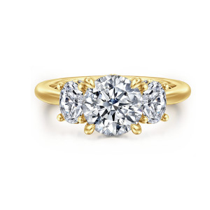 Gabriel & Co. ER16285R6Y44JJ 14 karat yellow gold Classic engagement ring, front view of a round center held on teardrop tipped prongs between oval side stones