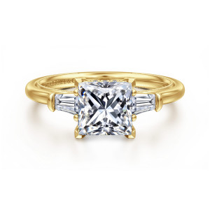Gabriel & Co. ER16288S6Y44JJ 14 karat yellow gold Classic engagement ring, front view of a princess cut center with a tapered baguette on each side of the head
