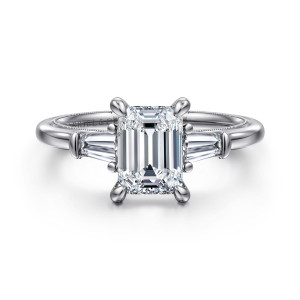 Gabriel & Co. ER16289E6W43JJ 14 karat white gold Classic engagement ring, front view of an emerald cut center with a tapered baguette on each side