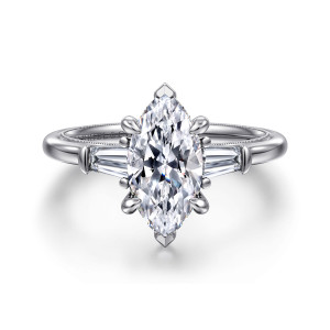 Gabriel & Co. ER16289M6W43JJ 14 karat white gold Classic engagement ring, front view of a marquise center with pointed end prongs between two tapered baguette side stones