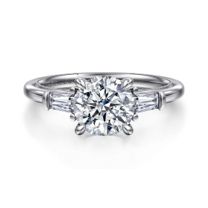 Gabriel & Co. ER16289R6W43JJ 14 karat white gold Classic engagement ring, front view of a round center flanked by tapered baguettes in small metal end caps
