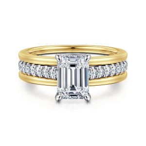 Gabriel & Co. ER16303E6M44JJ 14 karat white and yellow gold Contemporary engagement ring, front view of an emerald cut center in four claw prongs above the wide striped band