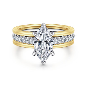 Gabriel & Co. ER16303M6M44JJ 14 karat white and yellow gold Contemporary engagement ring, front view of the marquise center with pointed end claws over a diamond strip between rails
