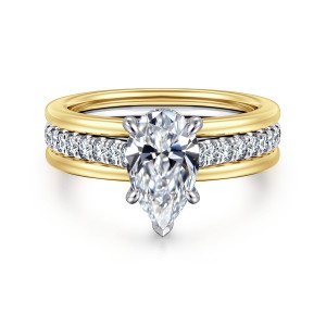 Gabriel & Co. ER16303P6M44JJ 14 karat white and yellow gold Contemporary engagement ring, front view of a pear shaped center above a diamond row framed by smooth rails