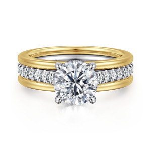 Gabriel & Co. ER16303R6M44JJ 14 karat white and yellow gold Contemporary engagement ring, front view of a round center in four claws above a strip of diamonds between smooth rails