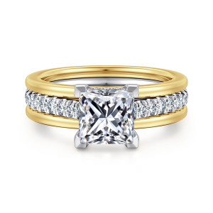 Gabriel & Co. ER16303S6M44JJ 14 karat white and yellow gold Contemporary engagement ring, front view of a princess cut center with angular corner prongs between rounded rails