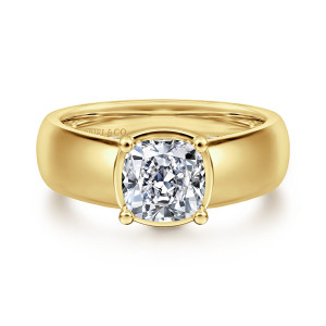 Gabriel & Co. ER16304C6Y44JJ 14 karat yellow gold Contemporary engagement ring, front view of a cushion cut center in a rounded square collar with ball tipped prongs