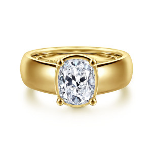 Gabriel & Co. ER16304G8Y44JJ 14 karat yellow gold Contemporary engagement ring, front view of an elongated cushion cut center in a slim rim with ball tipped prongs
