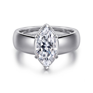 Gabriel & Co. ER16304M6W44JJ 14 karat white gold Contemporary engagement ring, front view of a marquise center with pointed tips and a wide polished band behind it