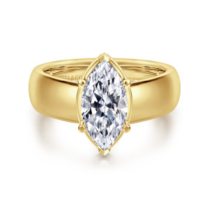Gabriel & Co. ER16304M6Y44JJ 14 karat yellow gold Contemporary engagement ring, front view of a marquise center in a pointed frame with ball tipped prongs on a broad band